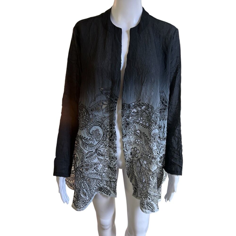 Citron Santa Monica M Black White Paisley Open Front Jacket Artwear Lagenlook